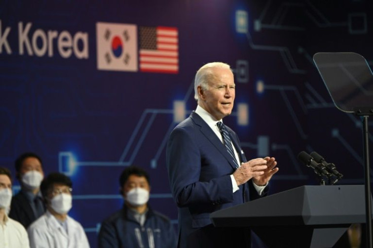US President Joe Biden speaks following a tour of the Samsung Electronics factory in Pyeongtaek to open his South Korea trip