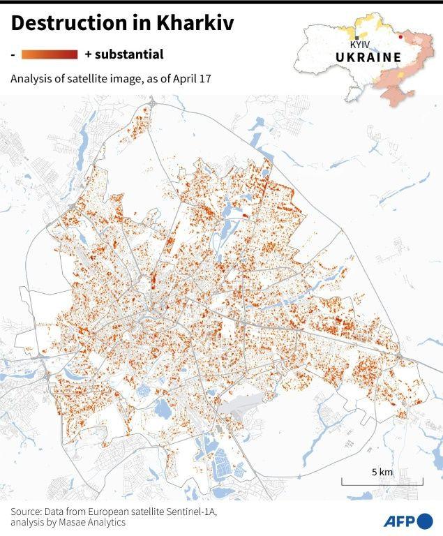 Map of destructions in Kharkiv, according to a satellite image analysis by Masae Analytics, April 17