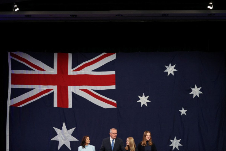 Incumbent Prime Minister Scott Morrison, leader of the Australian Liberal Party, stands next to his wife Jenny and daughters Lily and Abbey as he concedes defeat in the country's general election in which he ran against Labor Party leader Anthony Albanese