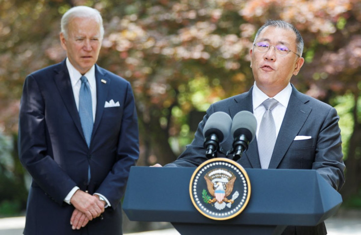 Hyundai Motor Group Chairman Euisun Chung delivers remarks along with U.S. President Joe Biden on the automakerâs decision to build a new electric vehicle and battery manufacturing facility in Savannah, Georgia, as Biden ends his visit to Seoul, South K