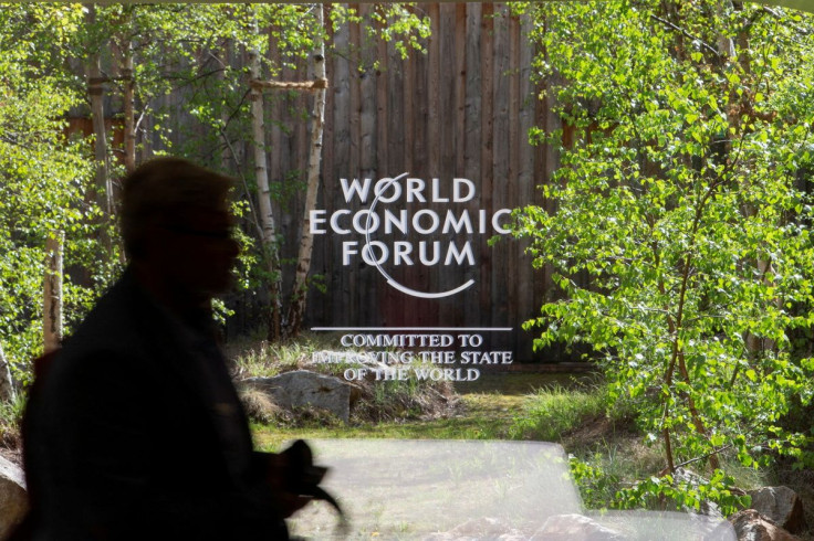 The logo of the upcoming World Economic Forum 2022 (WEF) is pictured on a window at the congress center, in the Alpine resort of Davos, Switzerland May 21, 2022. 