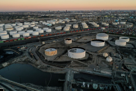 Storage tanks for crude oil, gasoline, diesel, and other refined petroleum products are seen at the Kinder Morgan Terminal, viewed from the Phillips 66 Company's Los Angeles Refinery in Carson, California, U.S., March 11, 2022. 