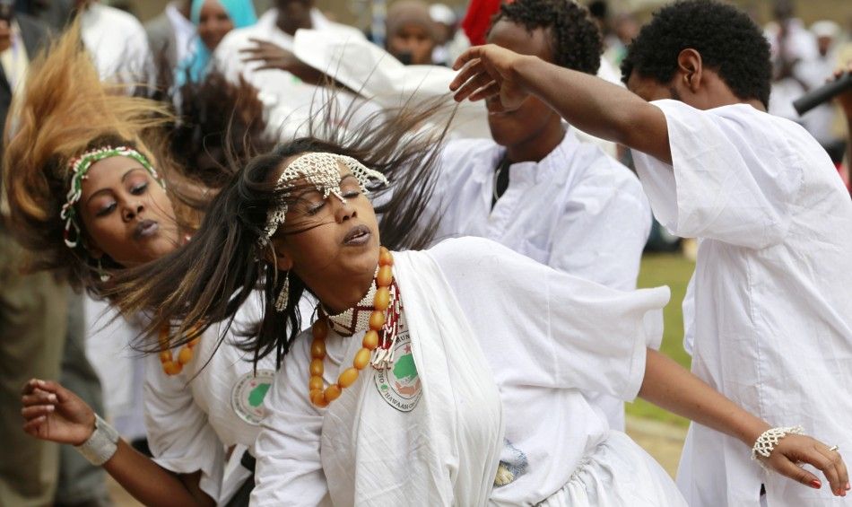 Ethiopian refugees perform traditional dance during celebrations to mark World Refugee day in Nairobi