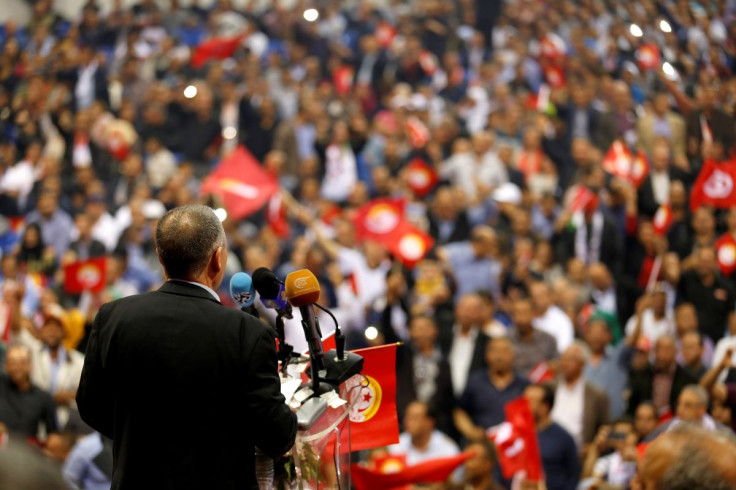 Secretary General of the Tunisian General Labour Union (UGTT) Noureddine Taboubi gives a speech during a rally to mark a Labour Day, in Tunis, Tunisia May 1, 2018.