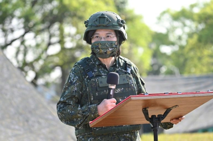 Taiwan President Tsai Ing-wen speaks while inspecting reservists training at a military base in Taoyuan in March 2022