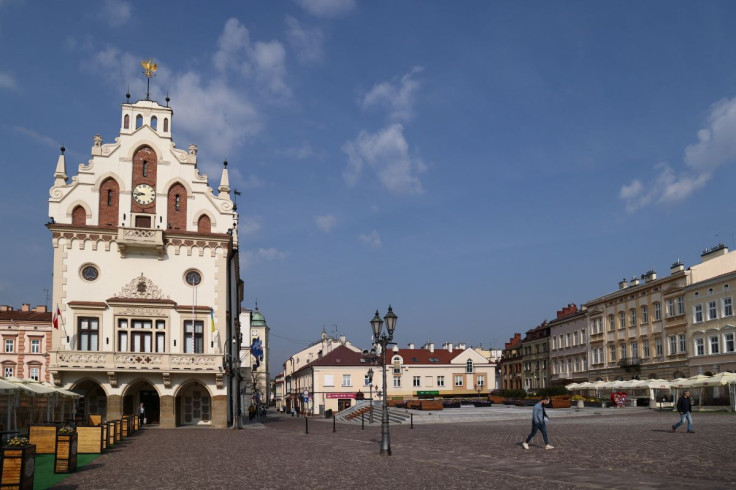 A general view of the old market place with the town hall in Rzeszow, Poland April 29, 2022. 