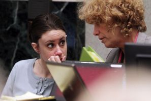 Casey Anthony and her attorney Dorothy Sims Clay talk during a recess at her murder trial at the Orange County Courthouse in Orlando