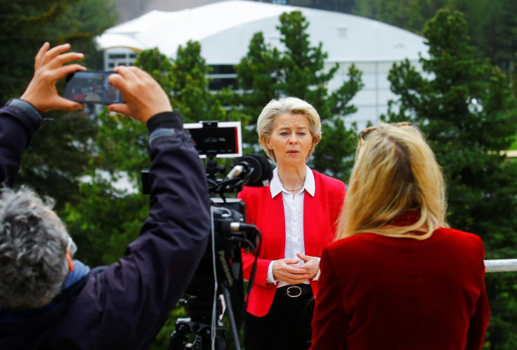 President of the European Commission Ursula von der Leyen gestures during an interview with Reuters in the Alpine resort of Davos, Switzerland May 24, 2022.