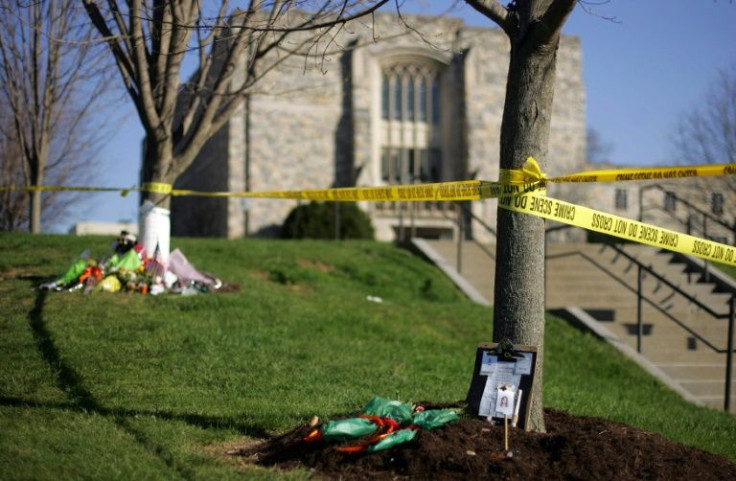Memorials for the 32 victims of the 2007 Virginia Tech shooting are pictured in front of Norris Hall on the school's Blacksburg, Virginia campus in April 2007