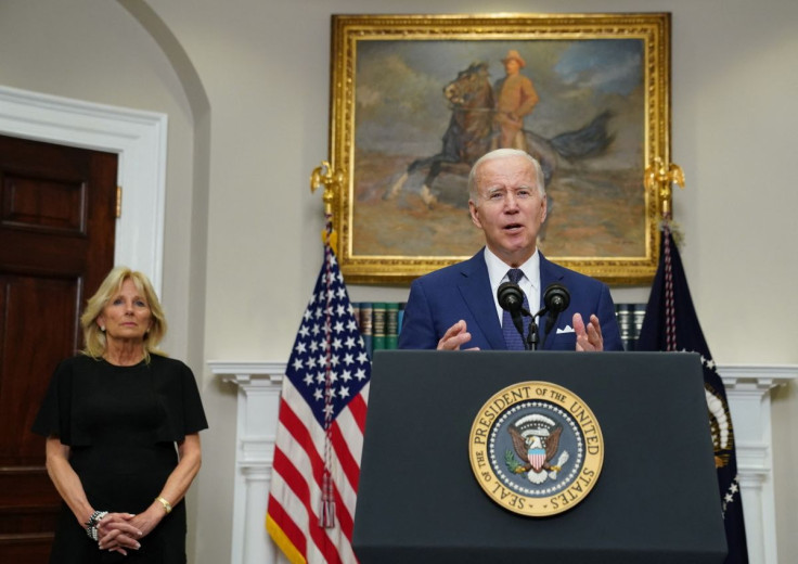 U.S. first lady Jill Biden looks on as U.S. President Joe Biden makes a statement about the school shooting in Uvalde, Texas shortly after the president returned to Washington from his trip to South Korea and Japan, at the White House in Washington, U.S. 