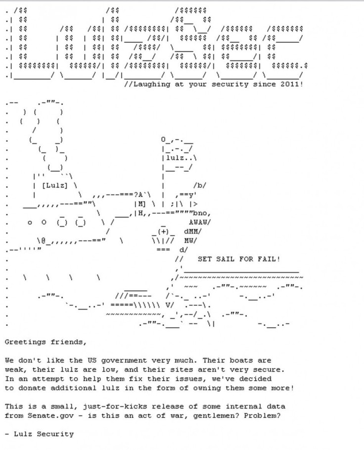 Screen grab shows Lulz Security hacking group message regarding the senate website hack