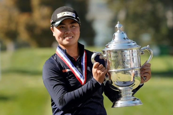 Yuka Saso celebrates with the Harton S. Semple trophy after winning the 76th US Women's Open at The Olympic Club in San Francisco last year