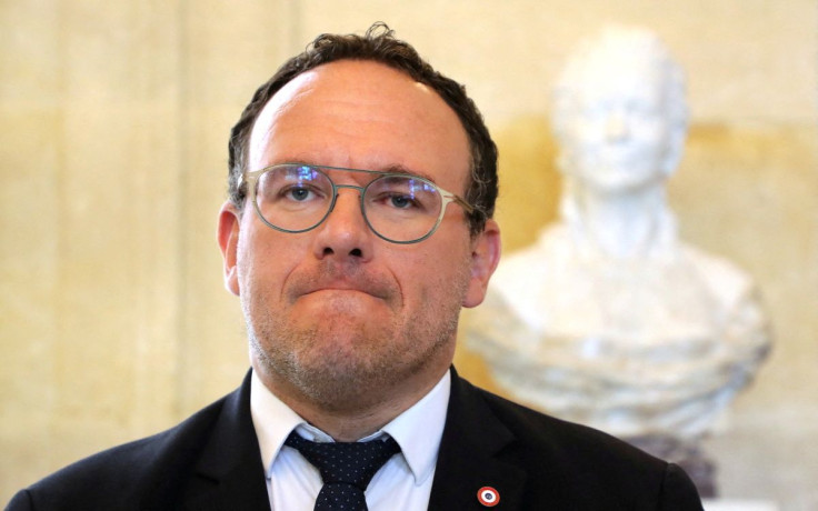 French Member of Parliament Damien Abad talks to the media after a session of questions to the government, during the lockdown aimed at curbing the spread of the coronavirus disease (COVID-19), at the National Assembly, in Paris, France April 29, 2020. Lu