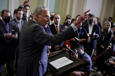 Senate Majority Leader Chuck Schumer (D-NY) answers questions during the weekly Democratic news conference at the United States Capitol building in Washington, U.S., May 24, 2022. 