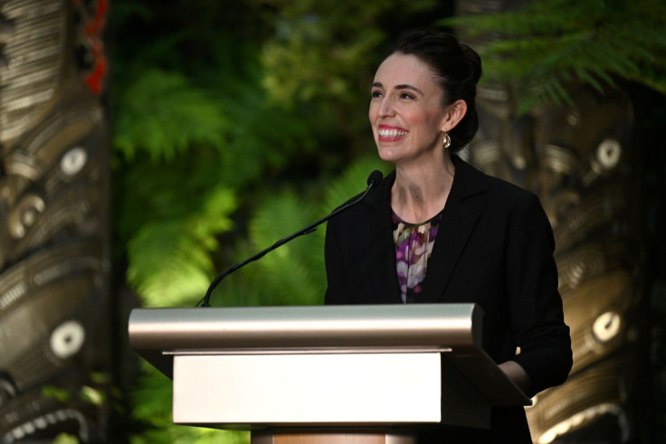New Zealand's Prime Minister Jacinda Ardern speaks at the unveiling ceremony of a Kuwaha sculpture at Gardens by the Bay's Cloud Forest in Singapore April 19, 2022. 