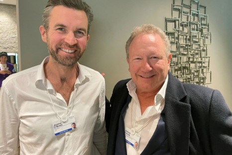 Founder of Australia's Fortescue Metals Group Andrew Forrest poses together with Jeremy O'Brien, co-founder of Silicon Valley-based PsiQuantum in the Alpine resort of Davos, Switzerland May 25, 2022. 