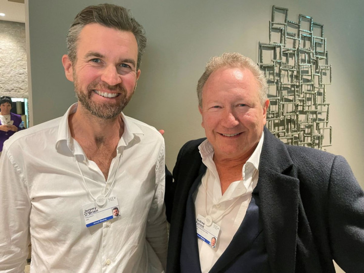 Founder of Australia's Fortescue Metals Group Andrew Forrest poses together with Jeremy O'Brien, co-founder of Silicon Valley-based PsiQuantum in the Alpine resort of Davos, Switzerland May 25, 2022. 