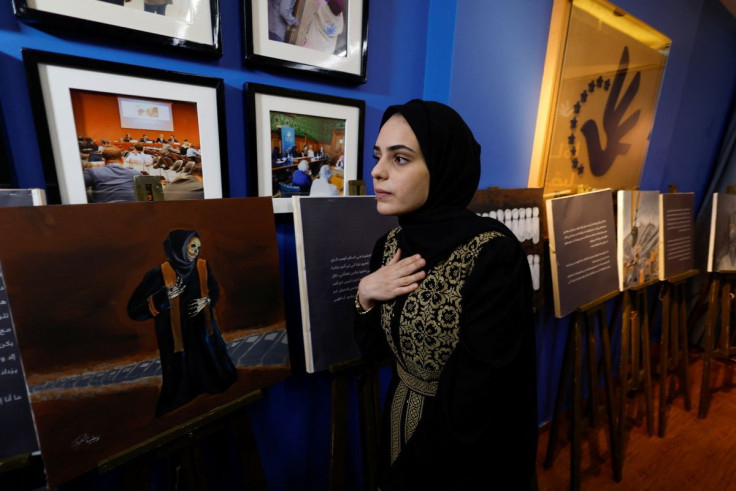 Zainab al-Qolaq, 22-year-old Gazan artist, exhibits her paintings in in Gaza City May 24, 2022. Picture taken May 24, 2022.    
