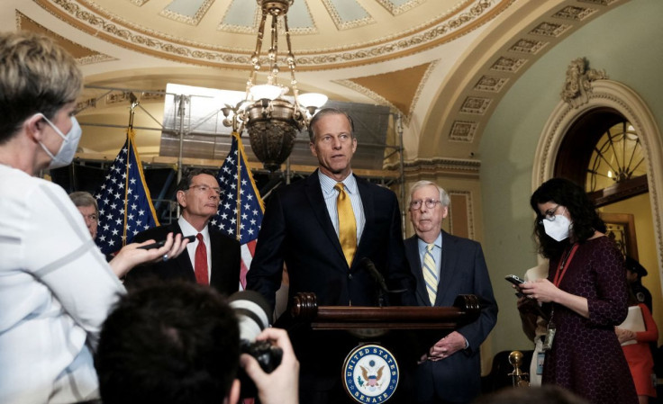 U.S. Senator John Thune (R-SD) speaks to reporters following the Senate Republicans weekly policy lunch at the U.S. Capitol in Washington, U.S., May 3, 2022. 