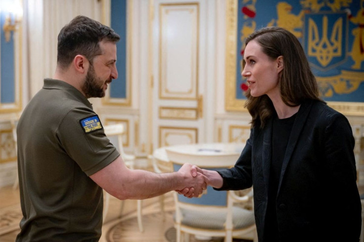 Ukraine's President Volodymyr Zelenskiy welcomes Finland's Prime Minister Sanna Marin before a meeting, as Russia's attack on Ukraine continues, in Kyiv, Ukraine May 26, 2022. Ukrainian Presidential Press Service/Handout via REUTERS