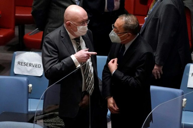 The Russian and Chinese ambassadors to the United Nations, Vassily Nebenzia (left) and Zhang Jun, seen in February 2022, together vetoed a US-led resolution on North Korea