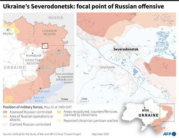 Map of eastern Ukraine with a zoom on the cities of Severodonetsk and Lysychansk, as of May 25 at 1900 GMT