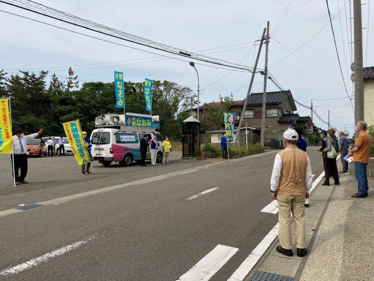 Naomi Katagiri, candidate in the upcoming Niigata Prefectural governor election, speaks as she campaigns in Kashiwazaki, Niigata Prefecture, Japan May 26, 2022.