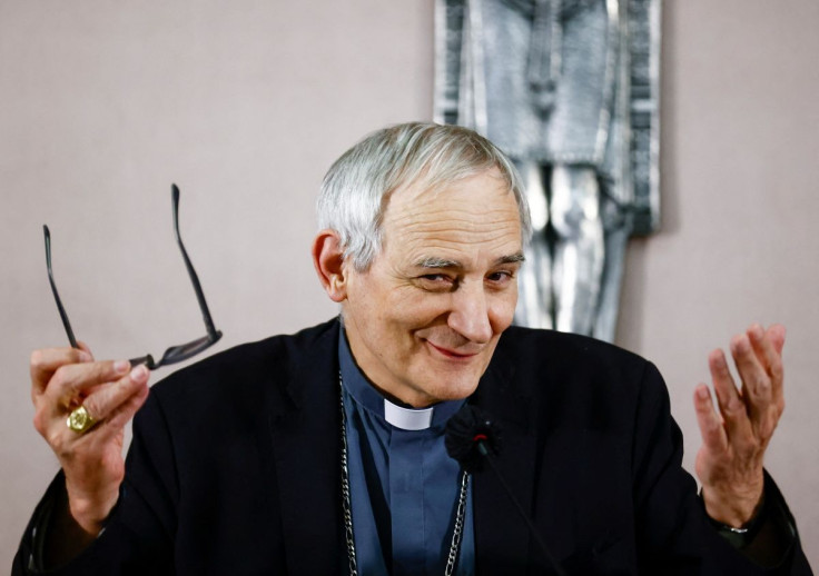 Newly elected President of the Italian Bishops' Conference (CEI), Cardinal Matteo Zuppi, gestures as he speaks during a news conference at the end of a week of CEI meetings, as the Italian Catholic Church comes under pressure to investigate clerical sexua