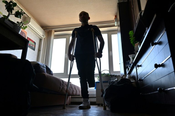For now, the 43-year-old soldier is getting get around on crutches although he hopes to have a prosthetic leg fitted quickly so he can return to the fighting