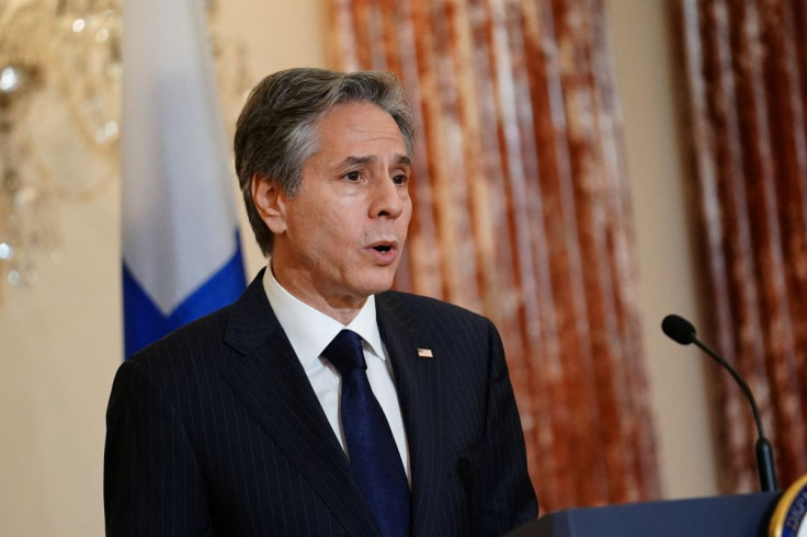 U.S. Secretary of State Antony Blinken speaks during a news conference following a meeting with Minister for Foreign Affairs of Finland Pekka Haavisto at the State Department in Washington, D.C., U.S., May 27, 2022.