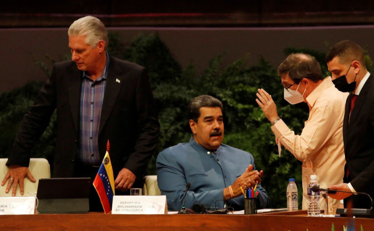 Cuba's President Miguel Diaz-Canel, Venezuela's President Nicolas Maduro and Cuba's Foreign Minister Bruno Rodriguez take their seats at the beginning of the ALBA group meeting in Havana, Cuba, May 27, 2022. 