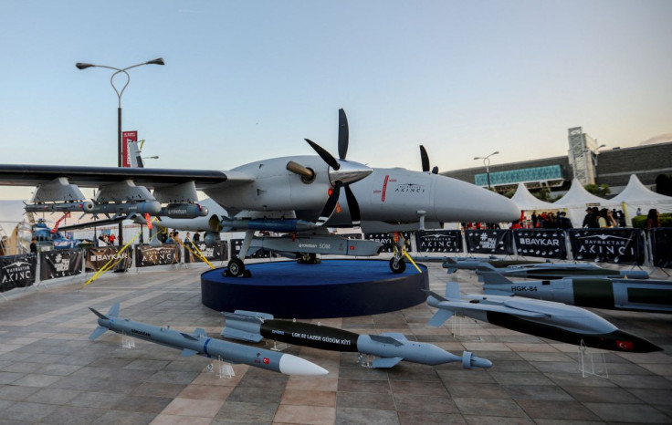 A Bayraktar Akinci unmanned combat aerial vehicle is exhibited at Teknofest aerospace and technology festival in Baku, Azerbaijan May 27, 2022. 