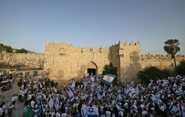 Marchers gathered at the Damascus Gate, flying Israeli 'flags march' at the symbolic site