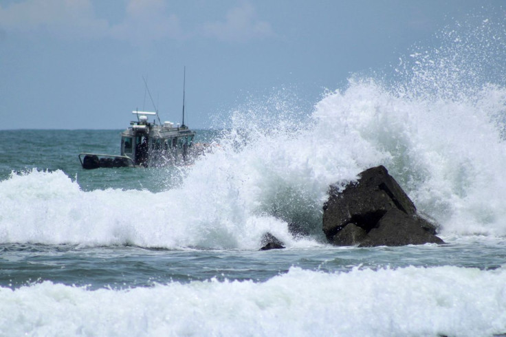 A ship of the Secretary of the Navy patrols near Puerto Madero beach as Hurricane Agatha barrels toward the southern coast of Mexico, in Tapachula municipality, in Chiapas state, Mexico, May 29, 2022.