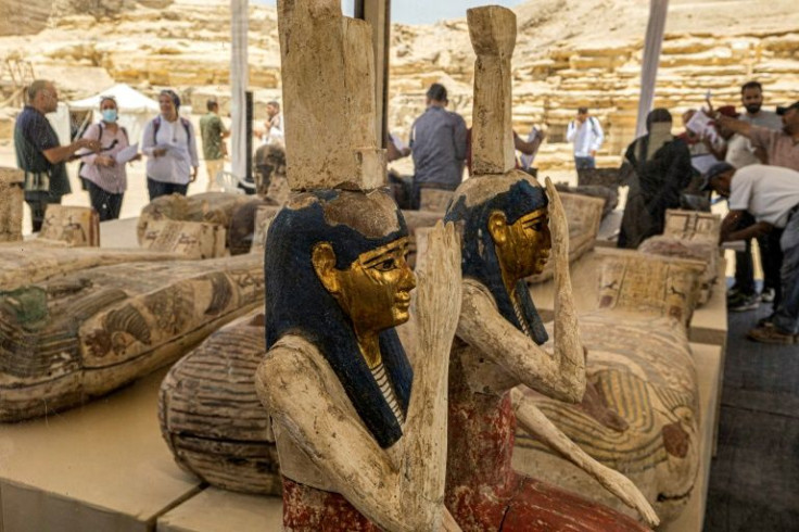 Statuettes including these depicting the Egyptian goddesses (L to R) Isis (Iset) and Nephthys (Nebet-Het) were also found