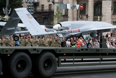 A Bayraktar drone is seen during a rehearsal for the Independence Day military parade in central Kyiv, Ukraine August 18, 2021. 