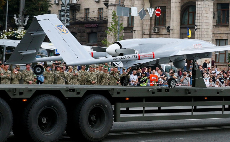 A Bayraktar drone is seen during a rehearsal for the Independence Day military parade in central Kyiv, Ukraine August 18, 2021. 