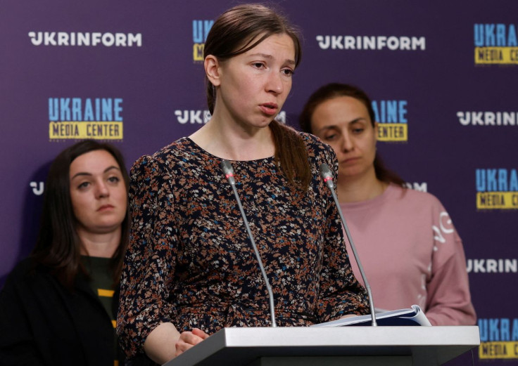 Olena Chornobay, wife of a soldier in the Azov regiment speaks during a briefing by family members of Ukrainian soldiers captured at Azovstal steel plant, in Kyiv, Ukraine May 30, 2022. 