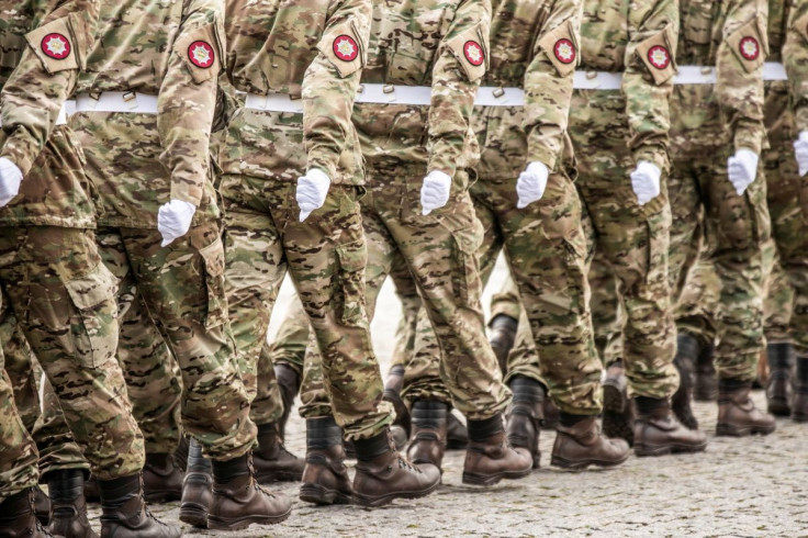 Soldiers march during a celebration of UN's 75th anniversary and and a wreath laying ceremony at Kastellet in Copenhagen, Denmark October 24, 2020. Ritzau Scanpix/Olafur Steinar Gestsson via