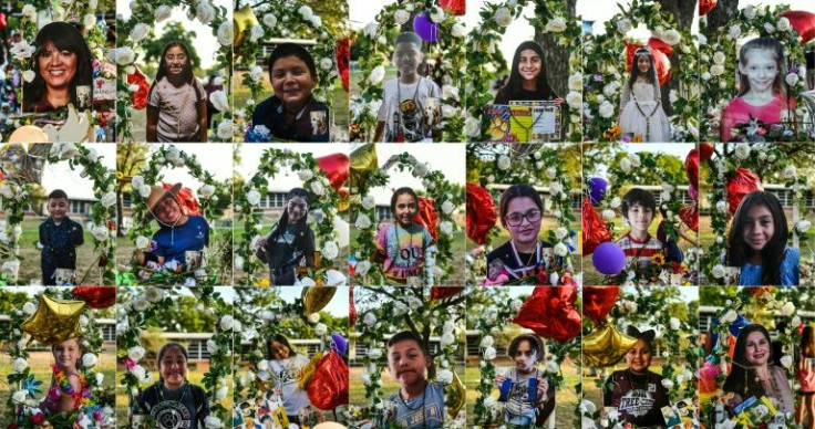 The 19 children and two teachers who died in the mass shooting in Uvalde, Texas are displayed at a makeshift memorial at Robb Elementary School