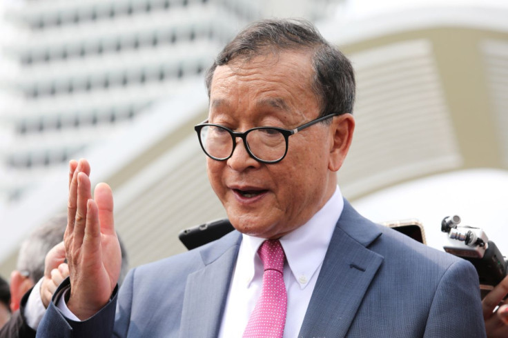 Self-exiled Cambodian opposition party founder Sam Rainsy speaks to members of media after a visit to Parliament House in Kuala Lumpur, Malaysia, November 12, 2019. 