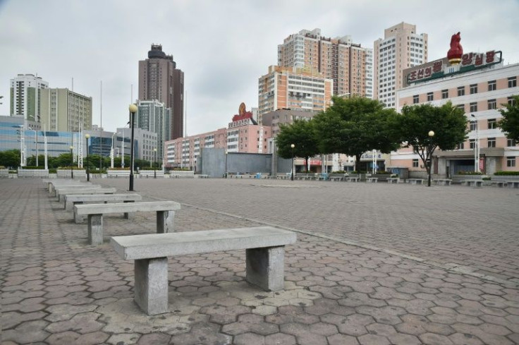 A park outside the Pyongyang Railway Station sits empty on May 27, 2022 due to lockdowns in North Korea to curb the spread of Covid-19