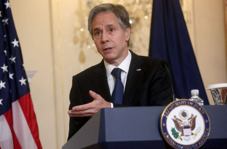 U.S. Secretary of State Antony Blinken delivers remarks to the news media as Blinken hosts NATO Secretary-General Jens Stoltenberg at the State Department in Washington, U.S., June 1, 2022. 