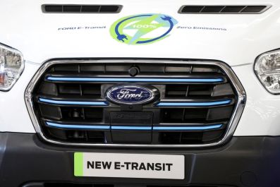 A new Ford E-Transit van is seen inside the company's Halewood plant in Liverpool, Britain, October 18, 2021. 