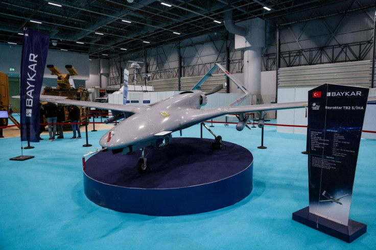 TB2 drone of Turkish drone-maker Baykar is seen at a stand during the first day of SAHA EXPO Defence & Aerospace Exhibition in Istanbul, Turkey, November 10, 2021.