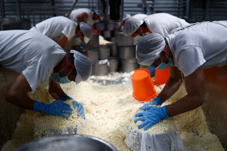 Workers make Sao Jorge cheese at Uniqueijo cheese factory, near Velas, on Sao Jorge Island, Azores, Portugal, March 28, 2022. 