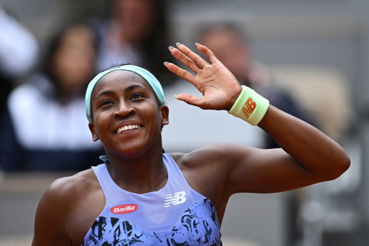 Tennis - French Open - Roland Garros, Paris, France - May 29, 2022 Coco Gauff of the U.S. celebrates winning her fourth round match against Belgium's Elise Mertens 