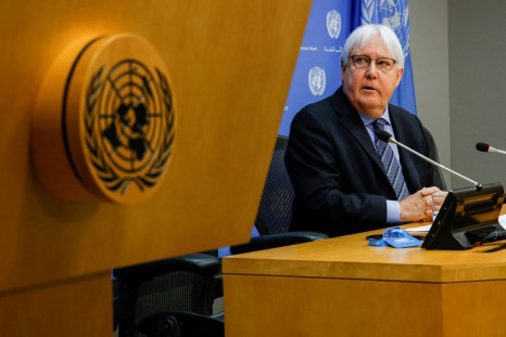 Martin Griffiths, the Under-Secretary-General for Humanitarian Affairs and Emergency Relief Coordinator, briefs reporters on the humanitarian situation in Ukraine at the United Nations headquarters in New York, U.S., April 18, 2022. 