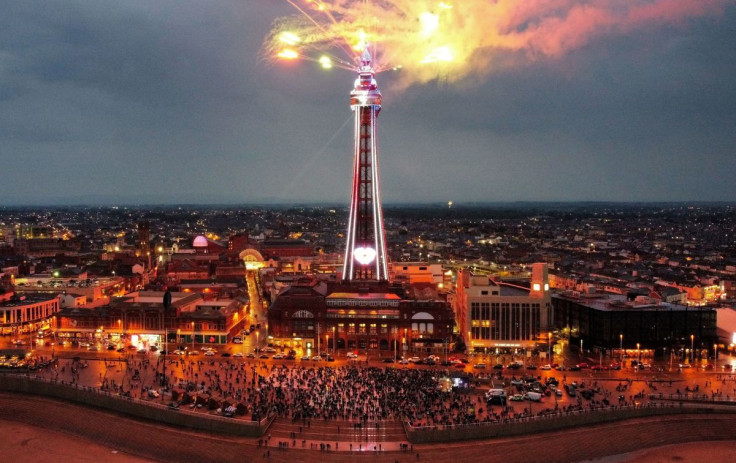 Fireworks explode above Blackpool Tower during the lighting of the Principal Platinum Jubilee Beacon ceremony during the Queen's Platinum Jubilee celebrations, in Blackpool, Britain, June 2, 2022. Picture taken with a drone. 