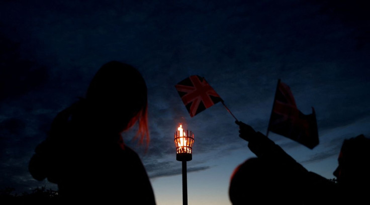 A beacon is lit to celebrate the Queen's Platinum Jubilee in Acle, Norfolk, Britain, Juine 2, 2022.